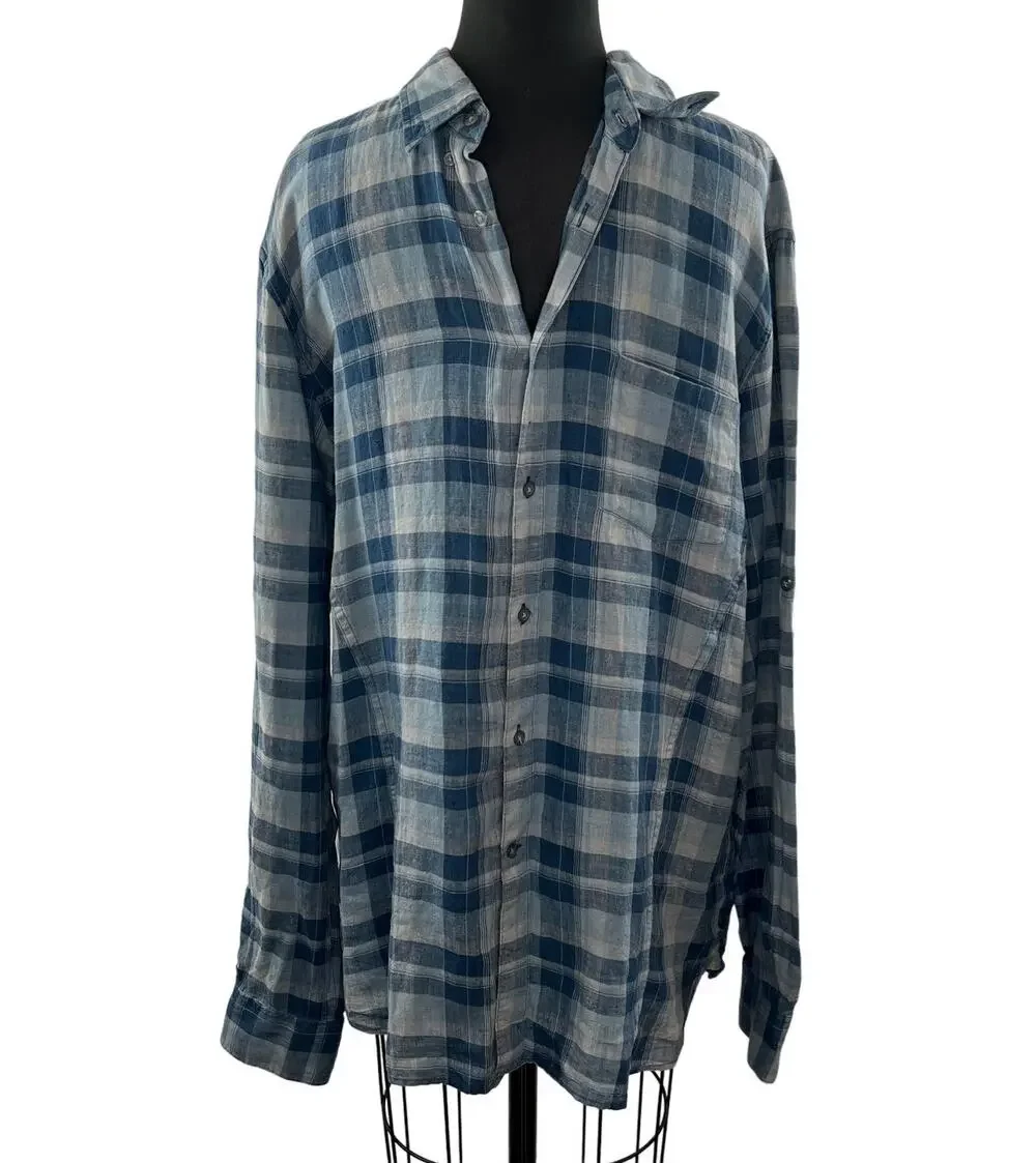 JOHN VARVATOS Blue Gray Plaid Linen Button-Down Collared Pocket Shirt Top Size L